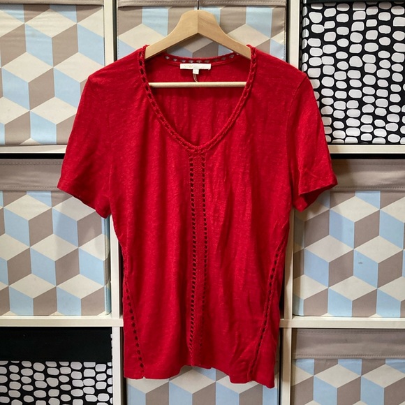 Maje 100% Linen Red Crochet Stitch Inset Tee Shirt - Picture 2 of 7